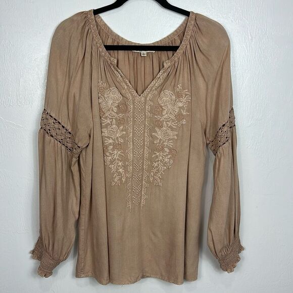 Solitaire Tan Balloon Sleeve Floral Embroidered Crochet Boho Blouse Size L - Picture 1 of 9